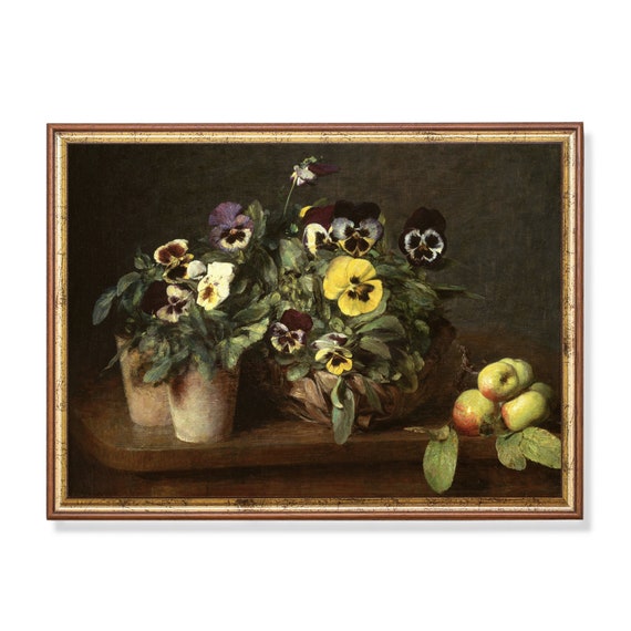 Printed And Shipped Vintage Still Life With Pansies Antique Floral Painting Rustic Moody Flower Art Farmhouse Decor Mailed Print