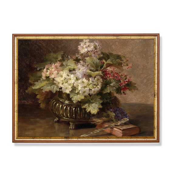 Vintage Still Life With Flowers Antique Floral Painting Moody Rustic Print Wall Art Farmhouse Decor