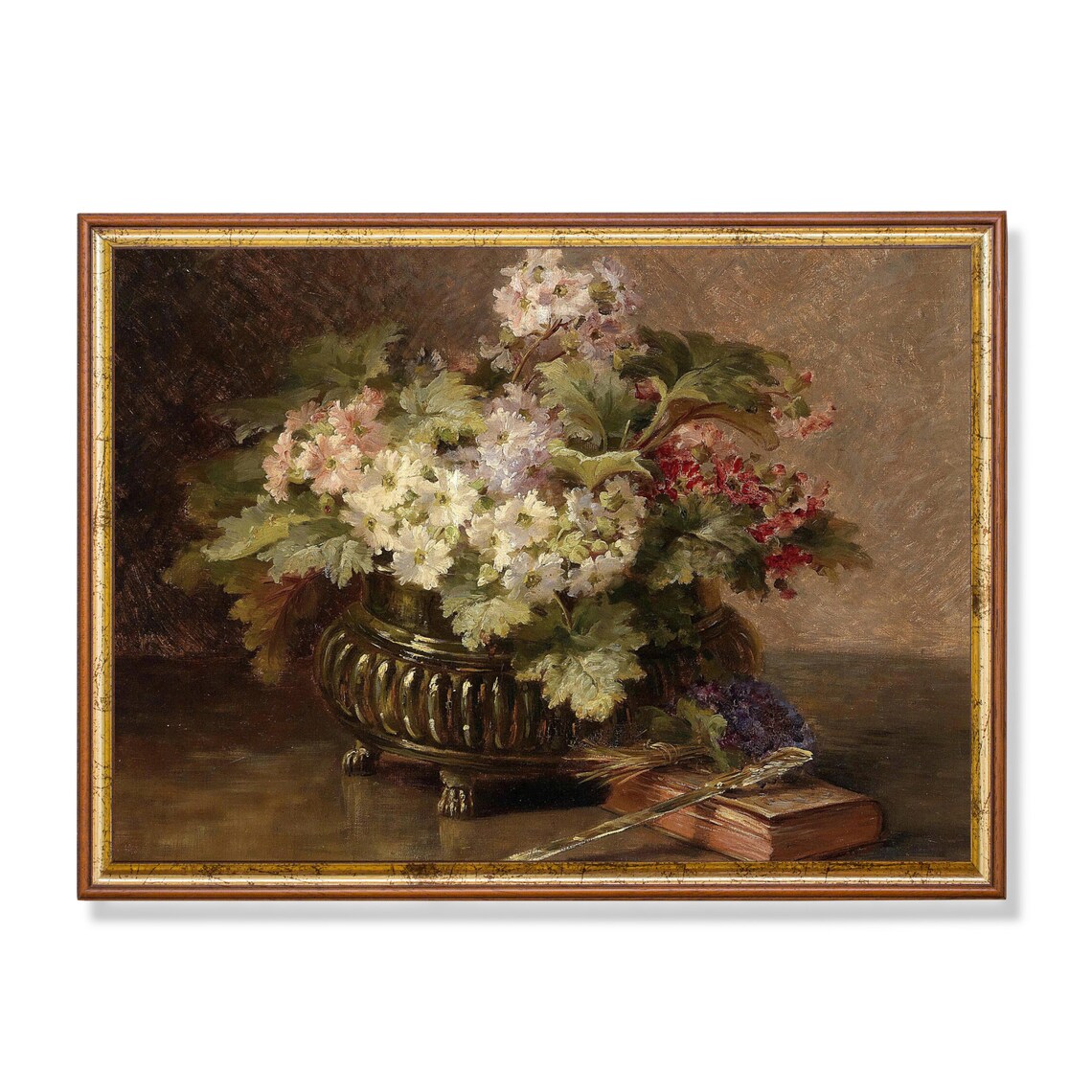 Primroses in Brass Jardiniere Antique Books Vintage Floral Art Poster