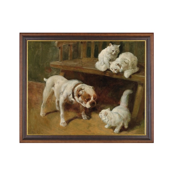 Bulldog Meeting White Kittens by a Bench Antique Animal Art Poster