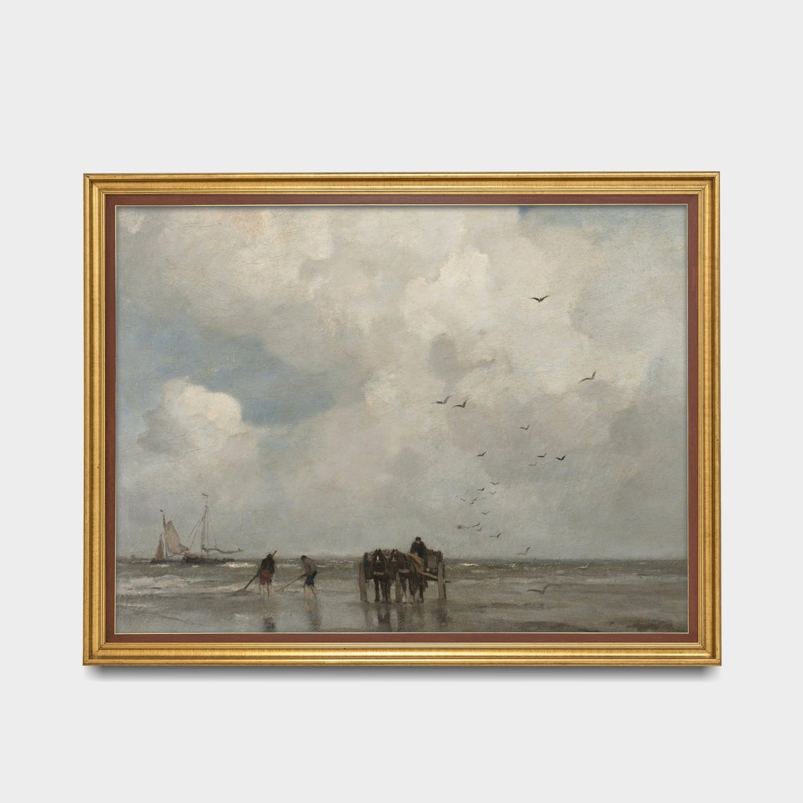 Mist-Covered Beach with Fishermen Horses and Sailboat Poster - Image 2