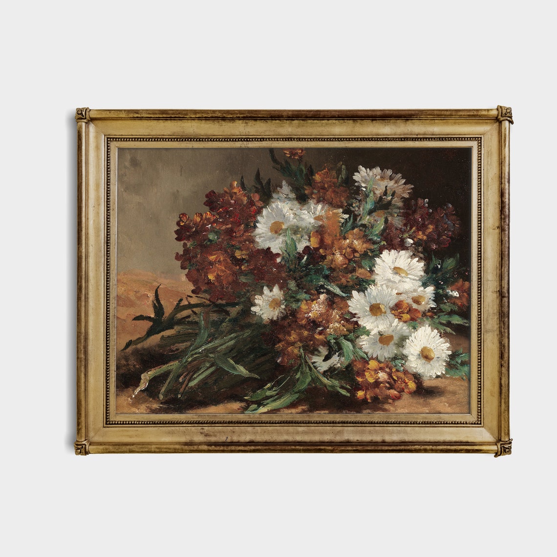 Daisies and Rust-Colored Flowers Bouquet Lying on a Table Poster - Image 2