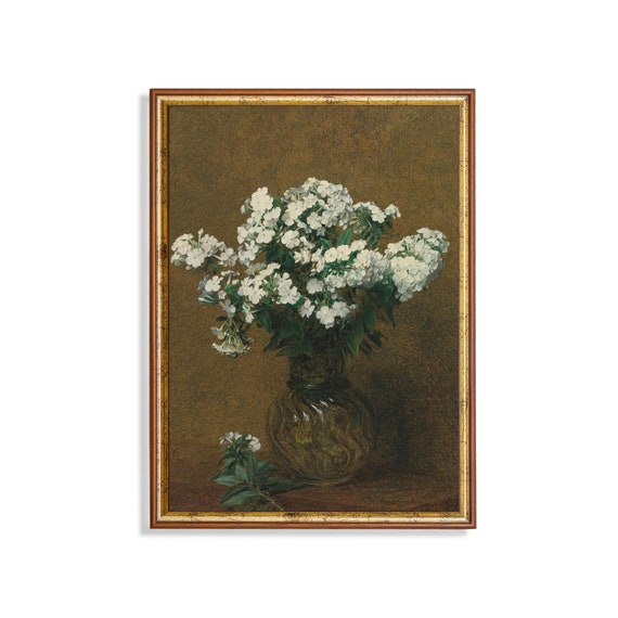 Vintage Still Life With Flowers White Flowers In A Vase Antique Floral Painting Moody Rustic Wall Art