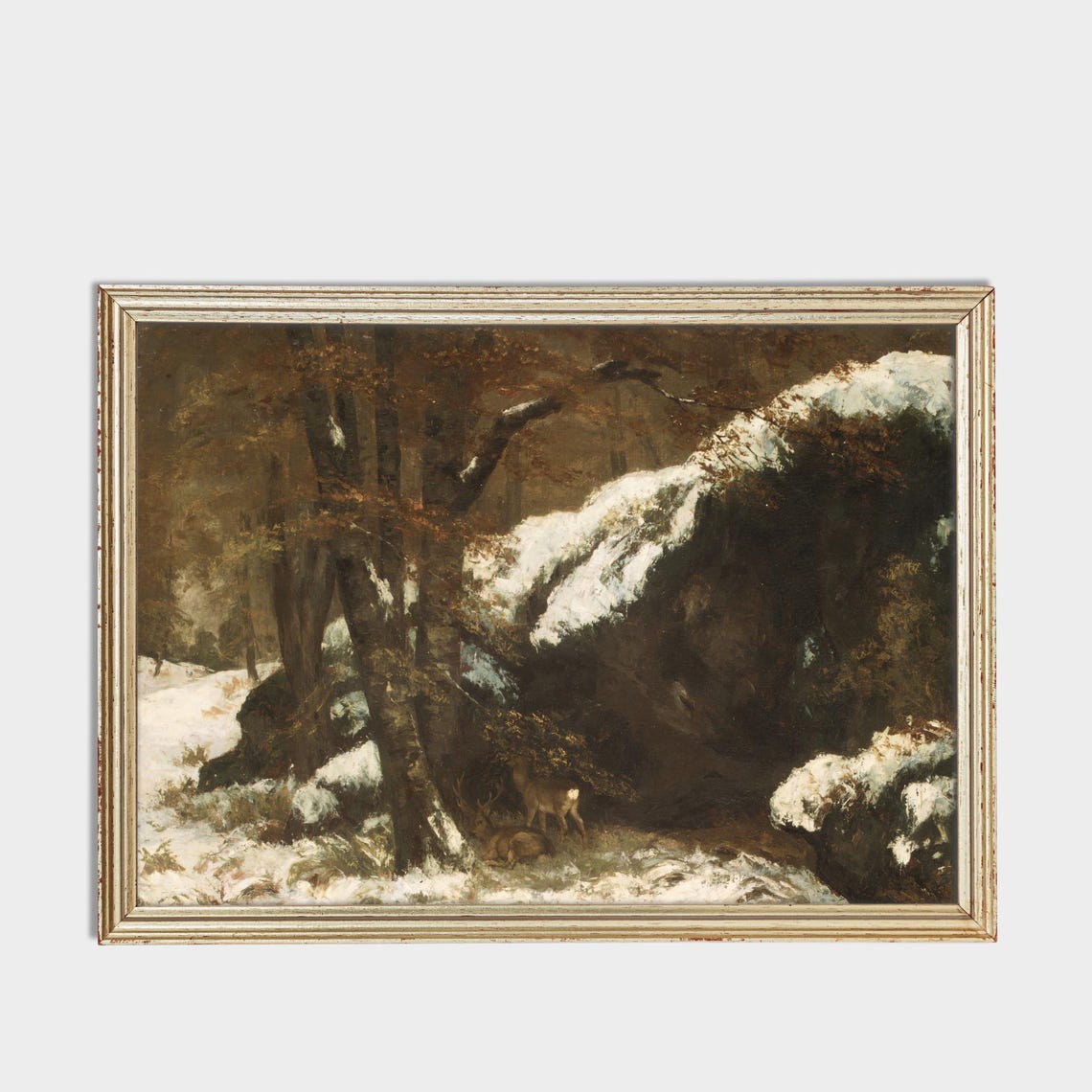 Two Deer Sheltering Under a Snowy Rock Winter Wildlife Poster - Image 3