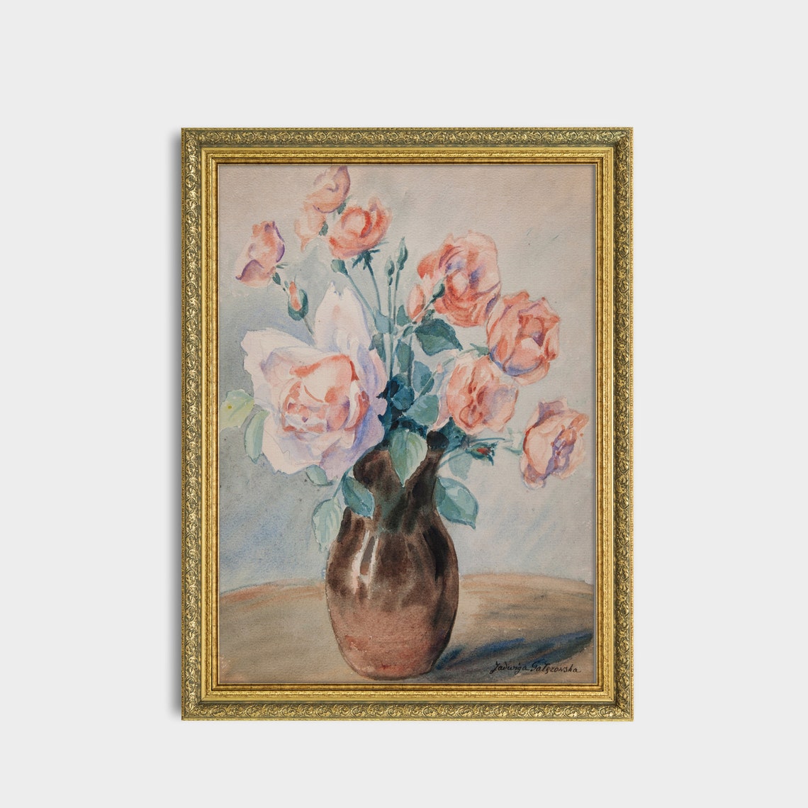 Blush Roses in Brown Vase Watercolor Floral Still Life Poster - Image 2