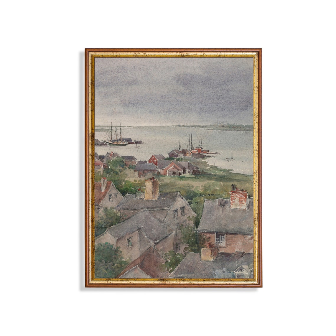 Coastal Village Rooftops and Sailboat Harbor Watercolor Art Poster