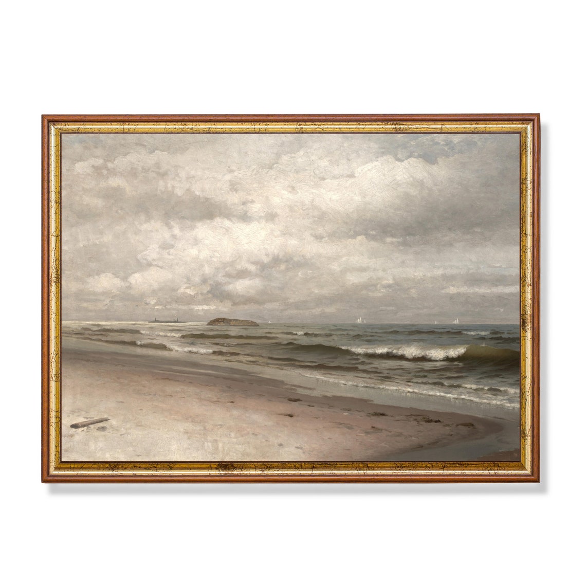 Sandy Beach Under Billowing Clouds with Distant Sailboats Poster