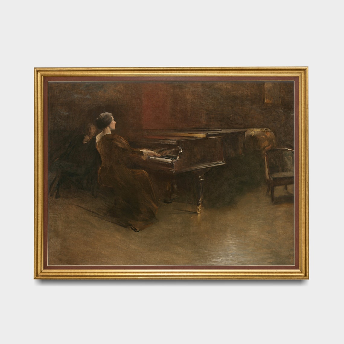 Woman Playing Piano in Dark Moody Antique Interior Painting Print - Image 5