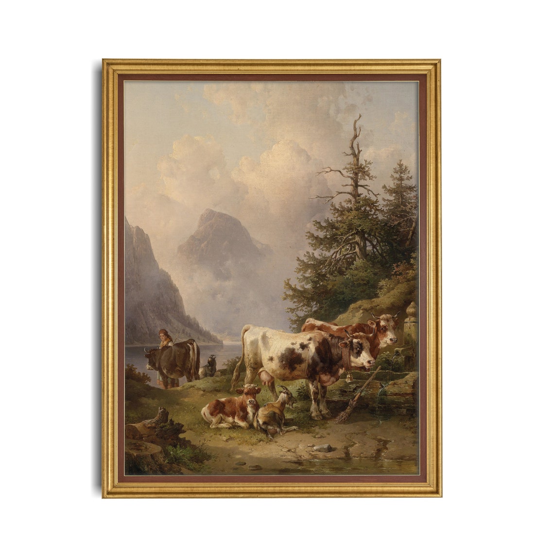 Herd of Cattle with Shepherdess by a Mountain Lakeshore Poster - Image 3