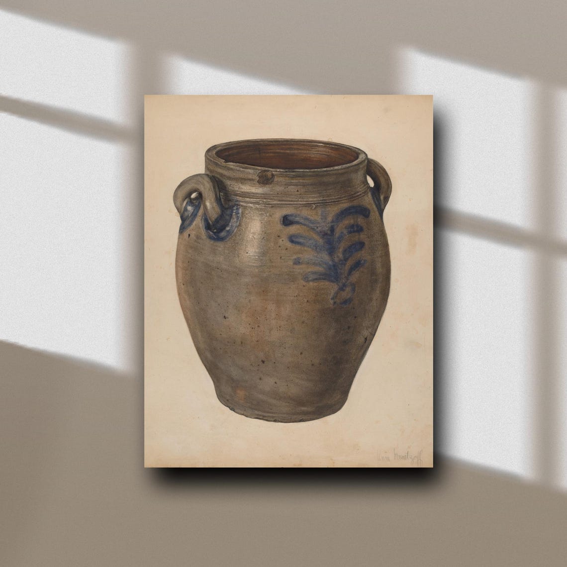 Antique Blue Decorated Stoneware Crock Folk Watercolor Art Poster - Image 3