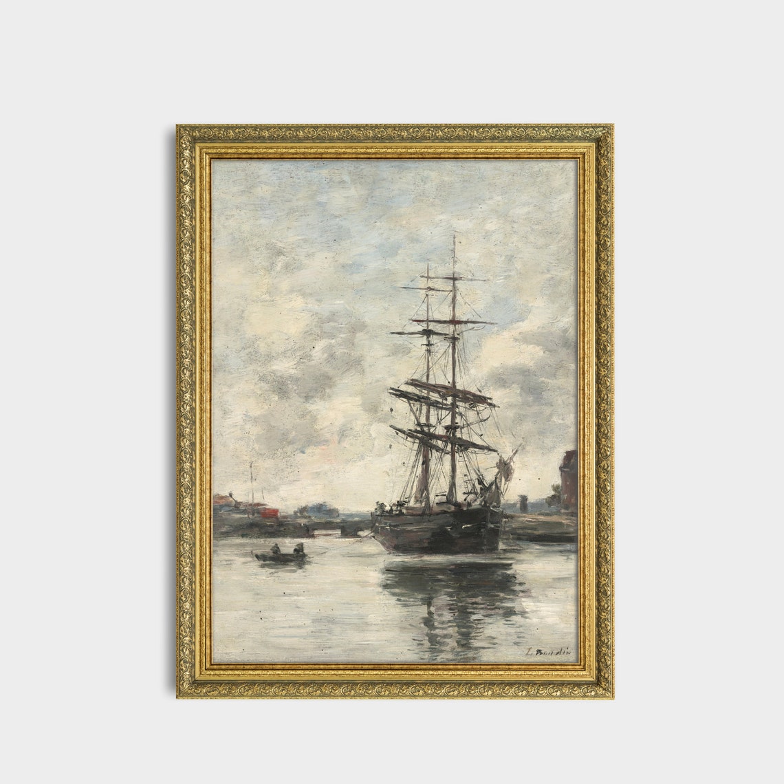 Tall Masted Ship Moored In A Quiet Harbor Antique Nautical Art Poster - Image 3