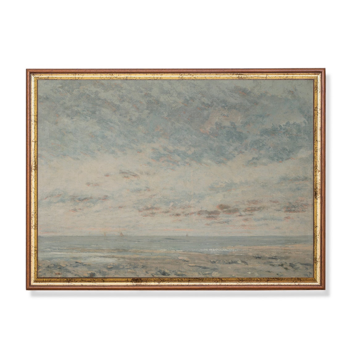 Overcast Seascape with Distant Sails on a Pale Horizon Poster