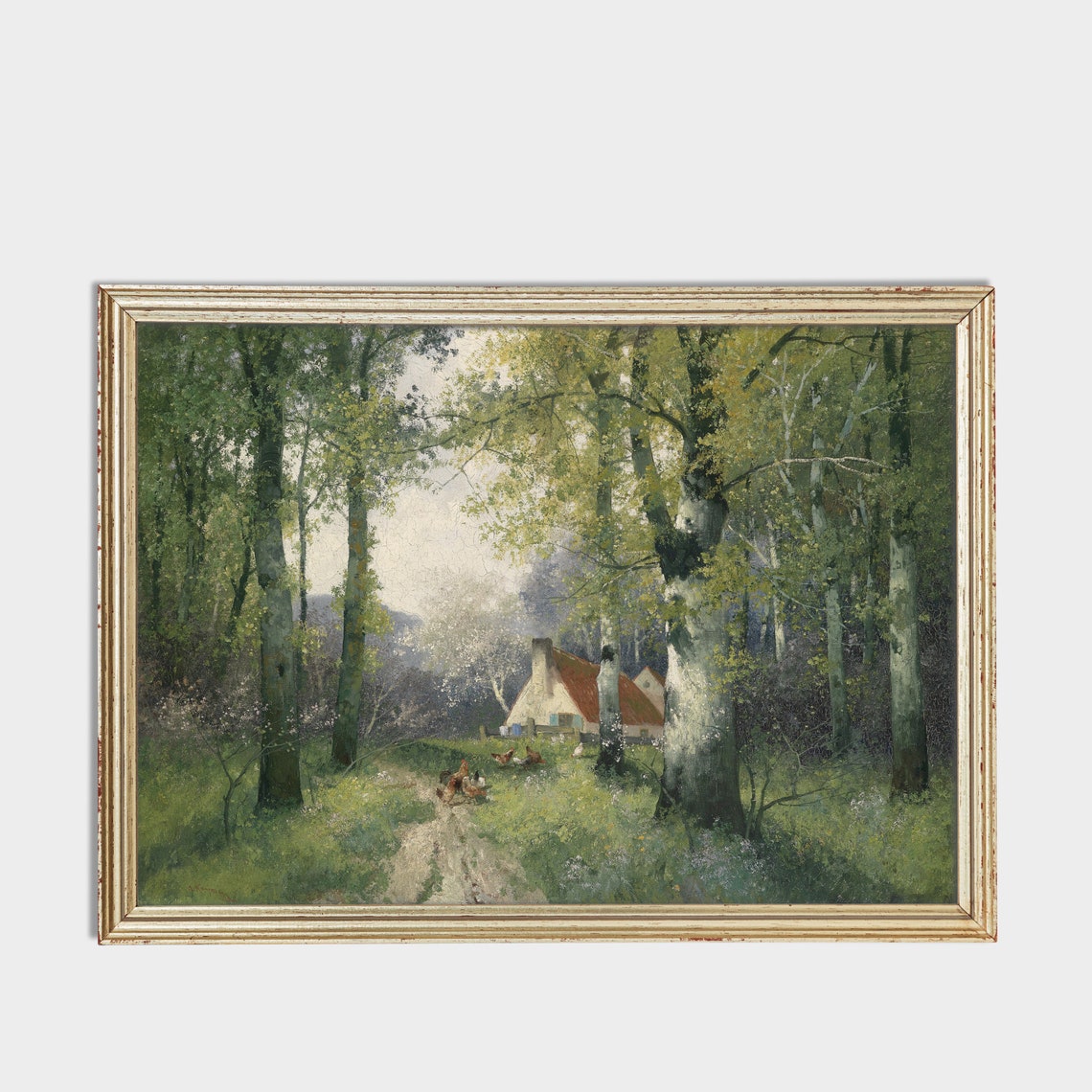 Birch Forest Clearing With a Red Roofed Cottage Green Poster - Image 3