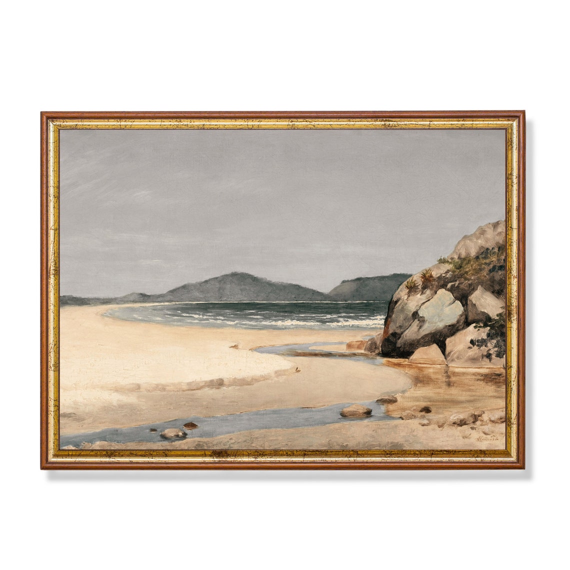 Quiet Beach Cove with Rocky Shore and a Winding Stream Poster