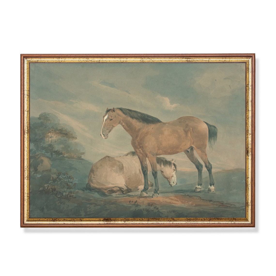 Two Horses Resting Together in a Soft Watercolor Field Poster
