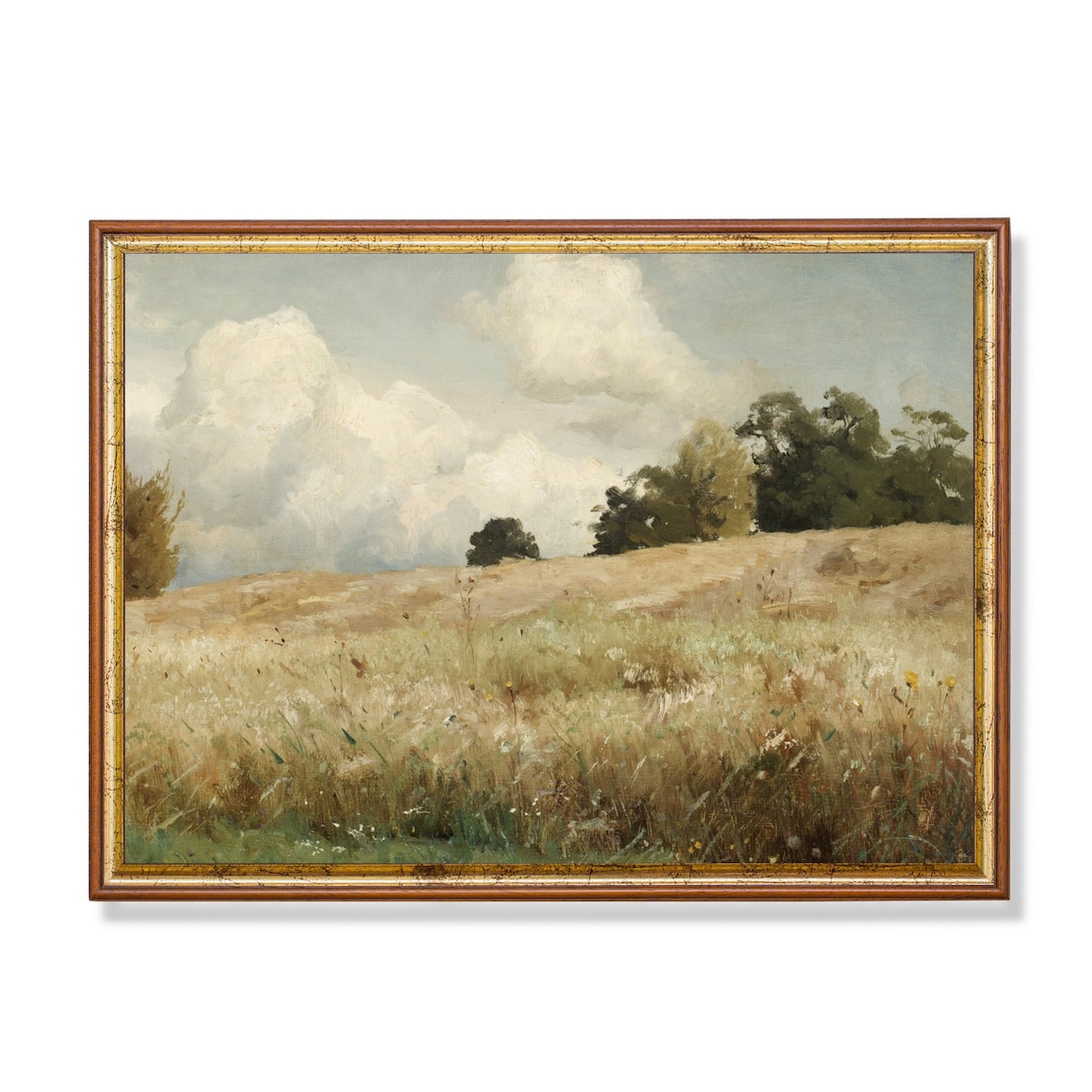 Golden Meadow Field Antique Oil Landscape Painting Rustic Poster