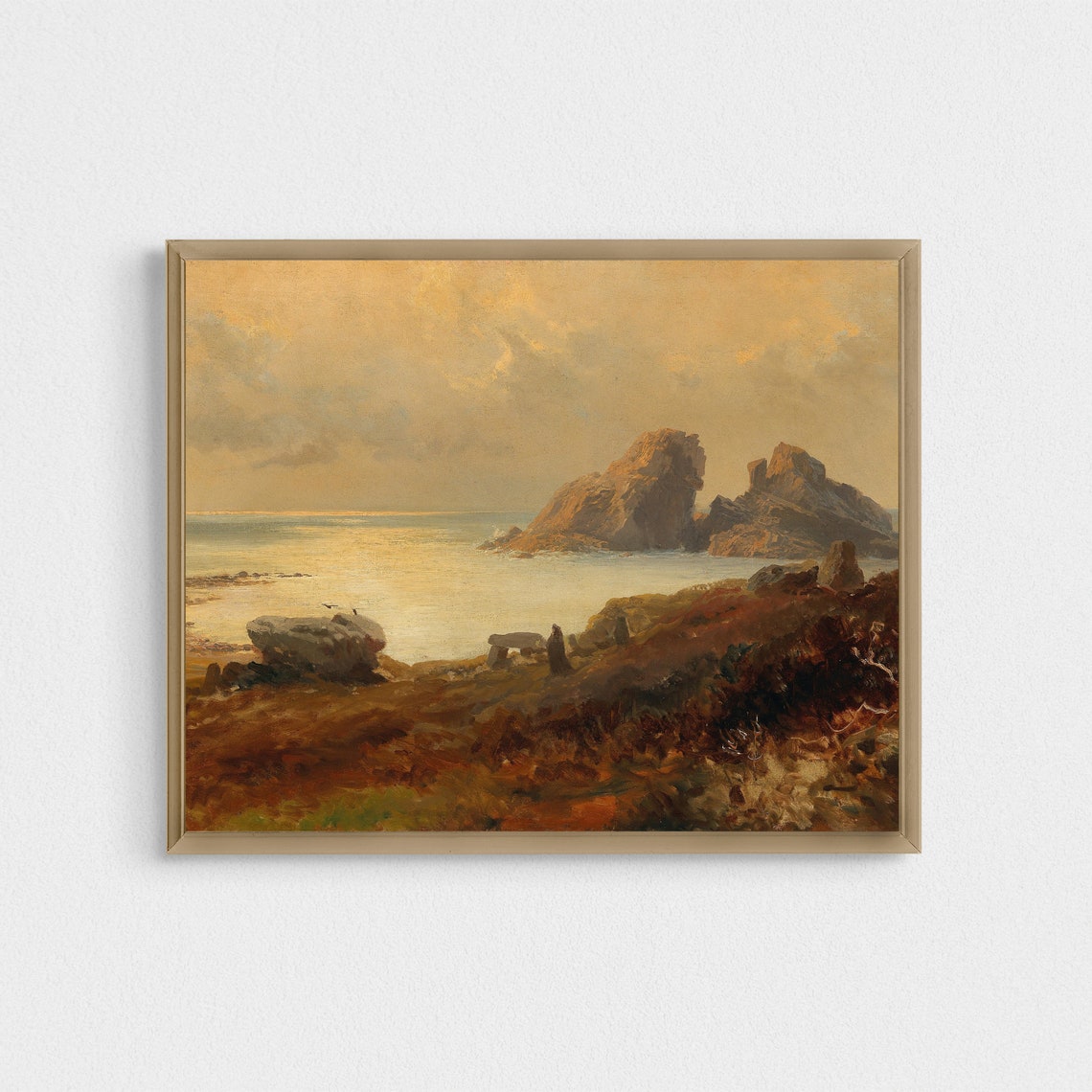 Rocky Coastline at Sunset With Golden Waves Vintage Seascape Poster - Image 3
