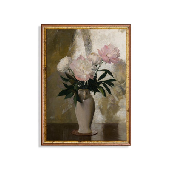 Vintage Still Life With Peonies Antique Floral Print Moody Flower Decor Pink And White Peonies Wall Art