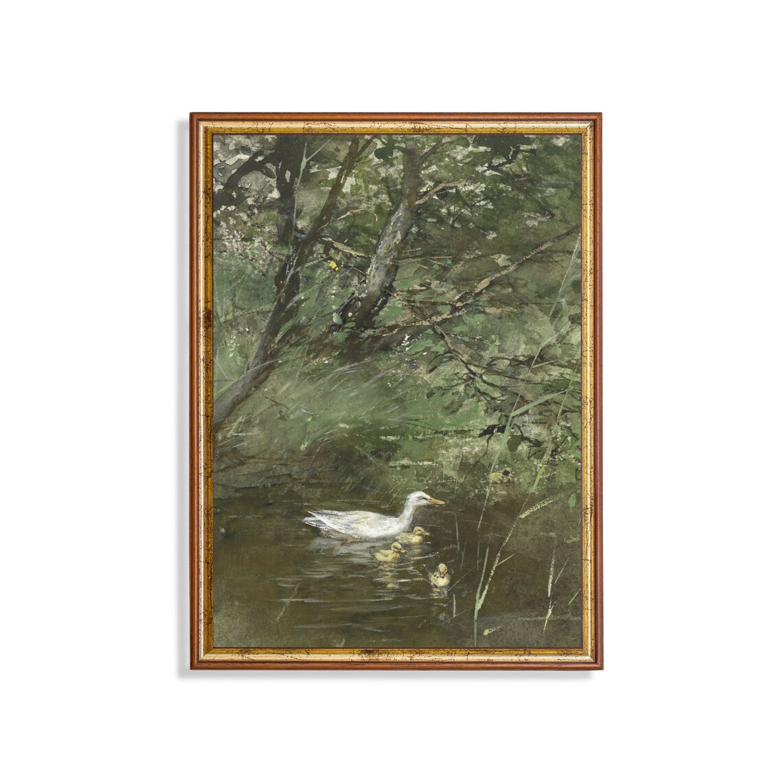 Vintage Duck Painting, Antique Pond Landscape Art Print