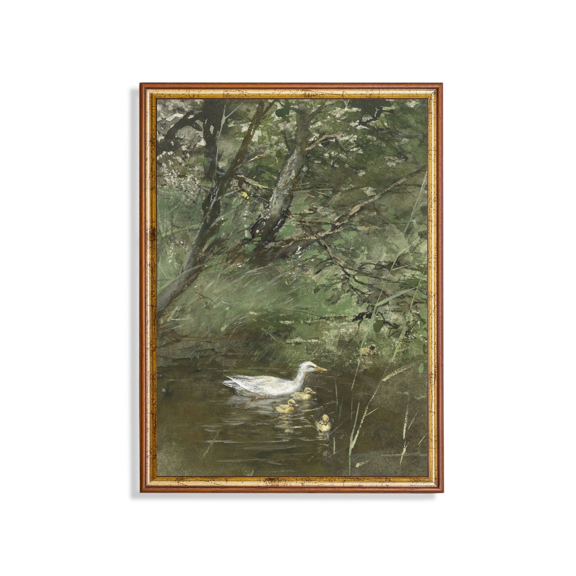 White Duck With Ducklings in a Woodland Pond Painting Poster