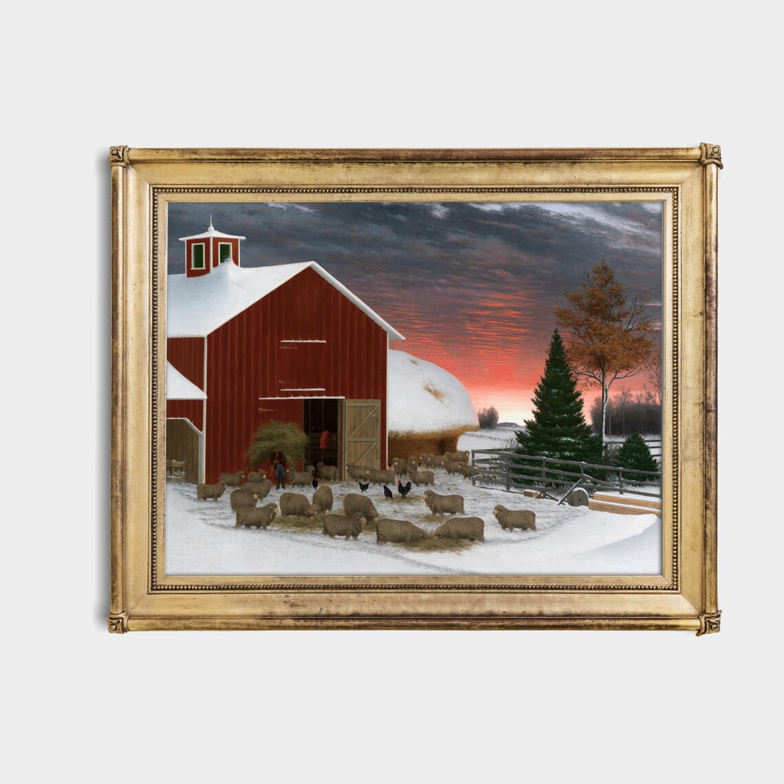 Red Barn Sheep and Chickens Snowy Winter Barnyard Folk Art Poster - Image 4