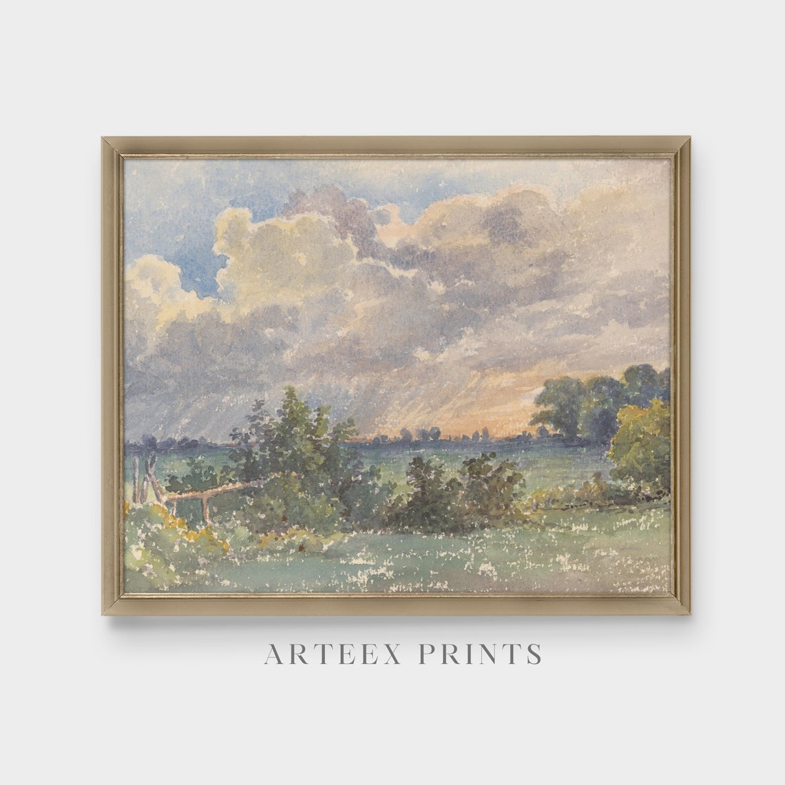 Storm Clouds and Rain Over a Green Marsh Meadow Watercolor Poster - Image 4