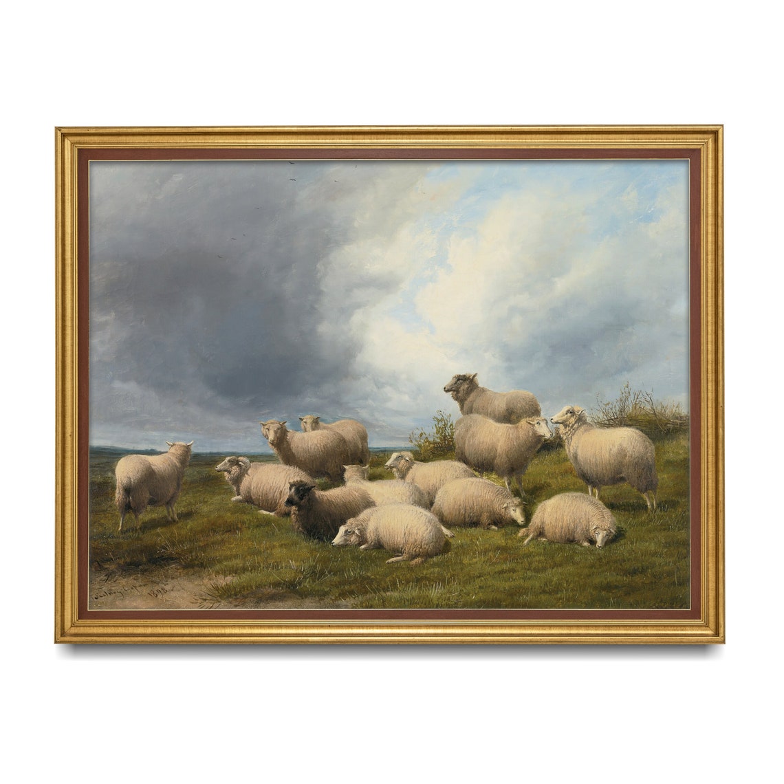 Flock of Sheep Resting Under a Dramatic Cloudy Sky Pasture Poster - Image 2