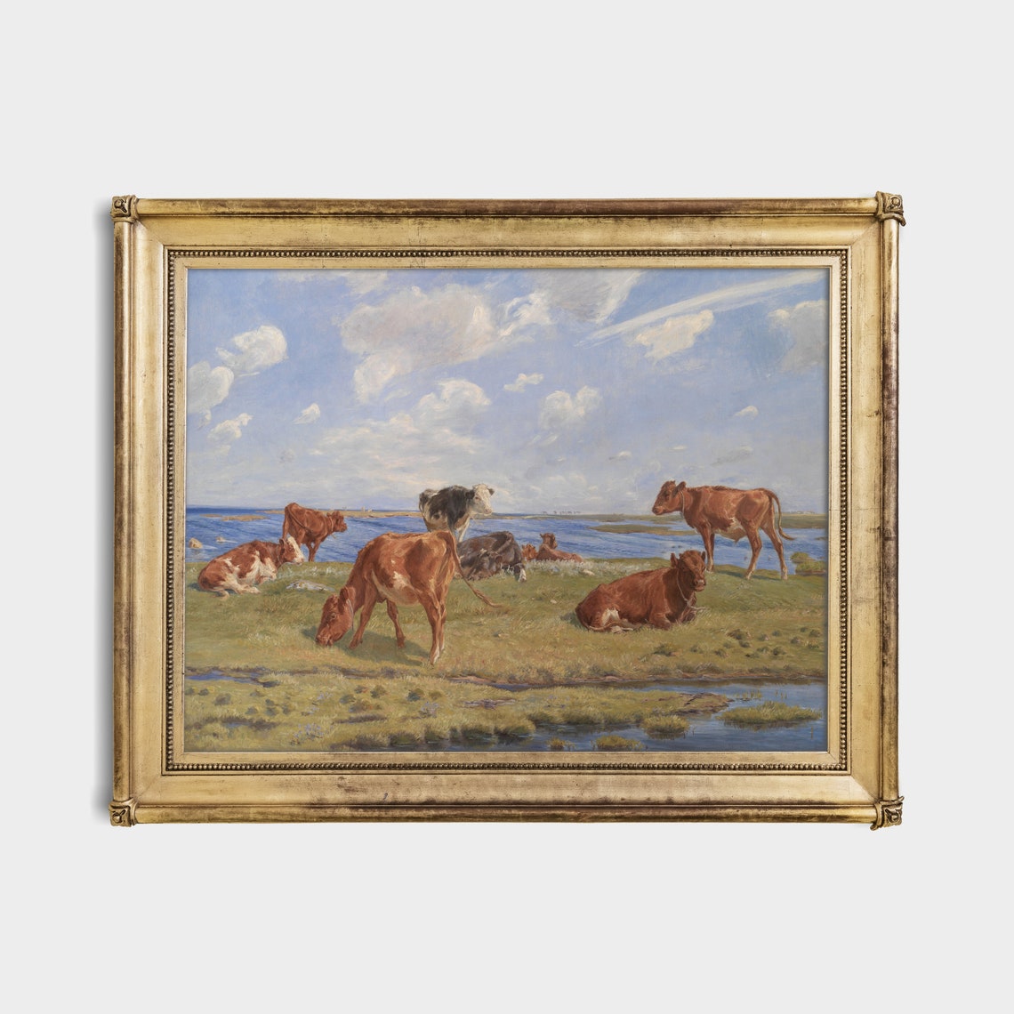 Cows Grazing By The Water Shore Vintage Pastoral Painting Poster - Image 4