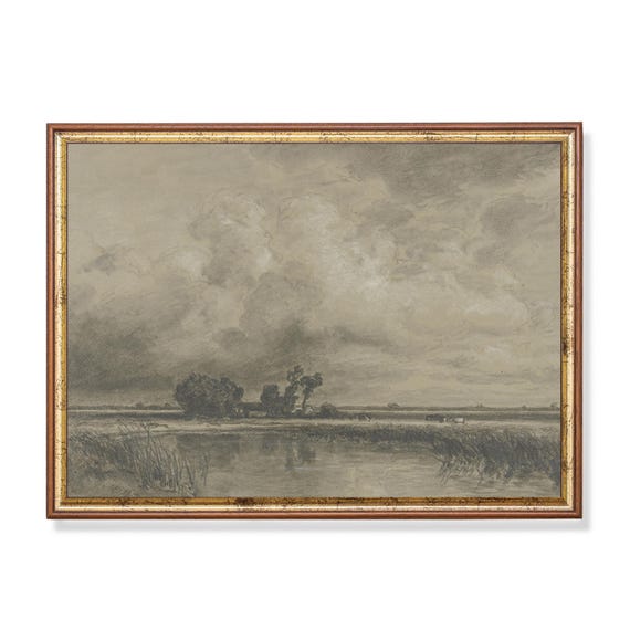 Print And Ship Landscape Sketch Print Vintage Drawing Neutral Rustic Country Decor Antique Wall Art Scenery Art River Landscape