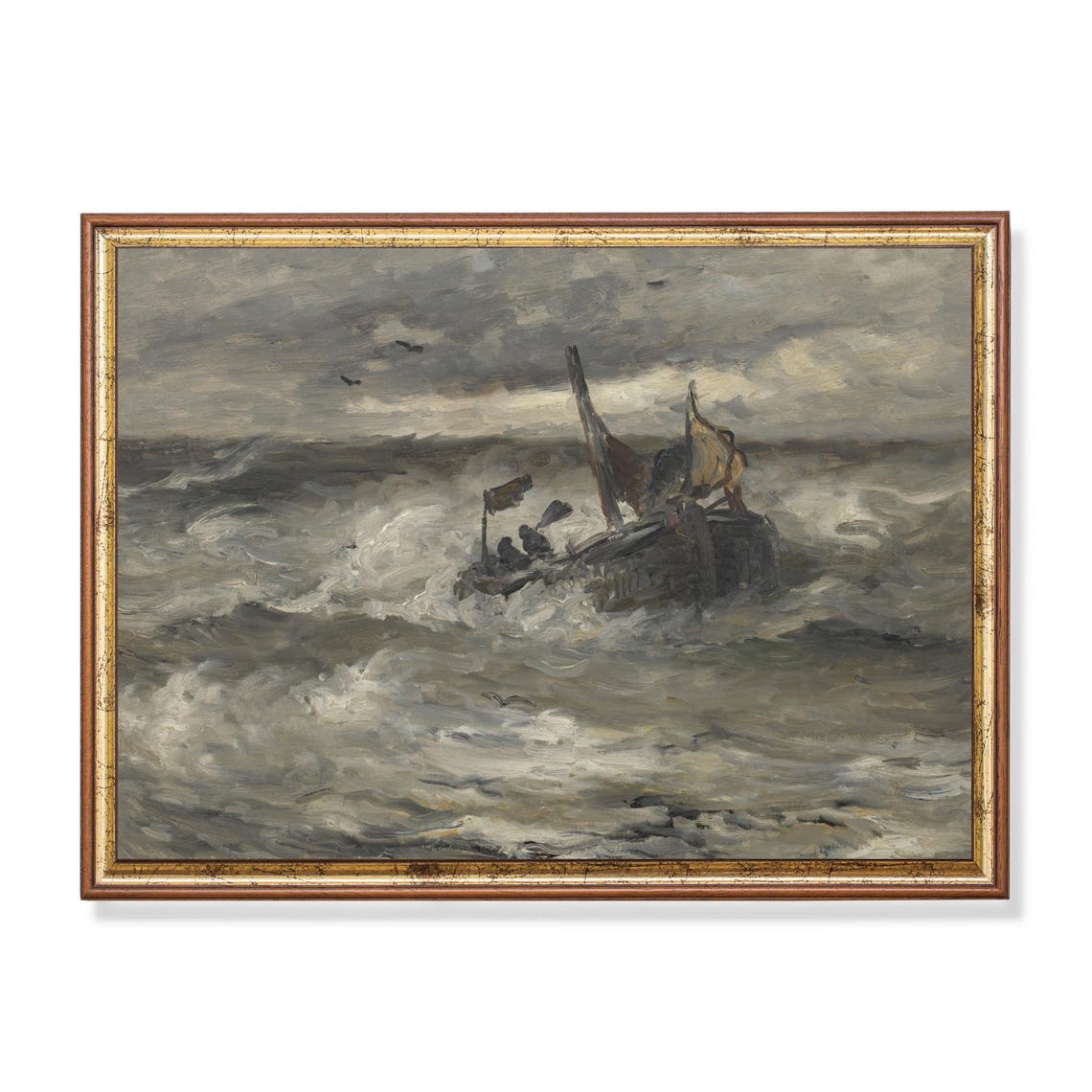 Sailboat Battling Stormy Waves Dramatic Vintage Seascape Art Poster
