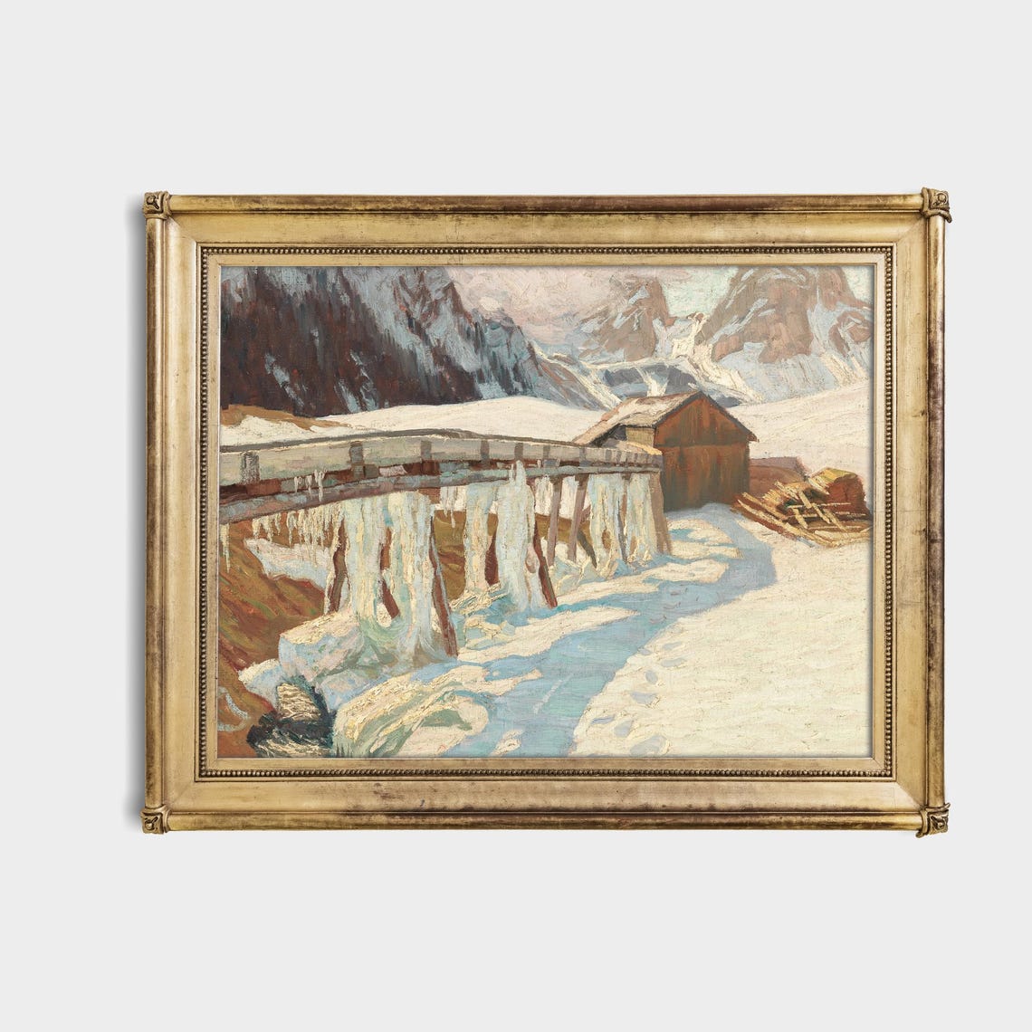 Frozen Alpine Mill with Icicles Winter Mountain Scene Poster - Image 4