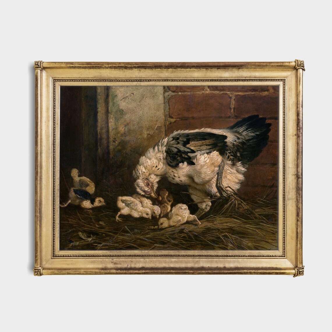 Vintage Mother Hen Chicks Brick Wall Farmyard Oil Painting Poster - Image 2