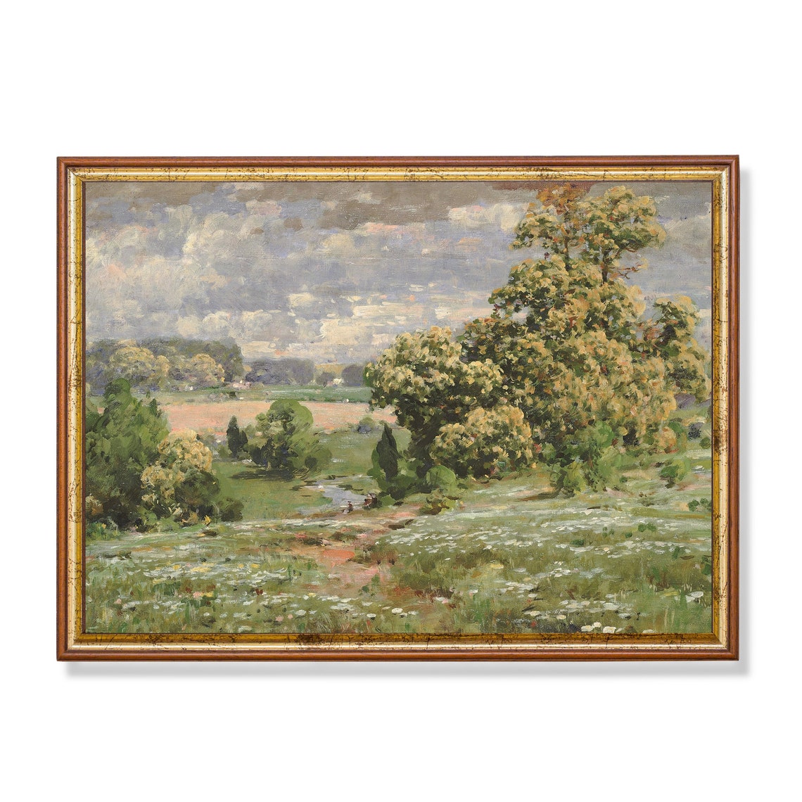 Lush Spring Meadow with Trees Impressionist Landscape Painting Poster