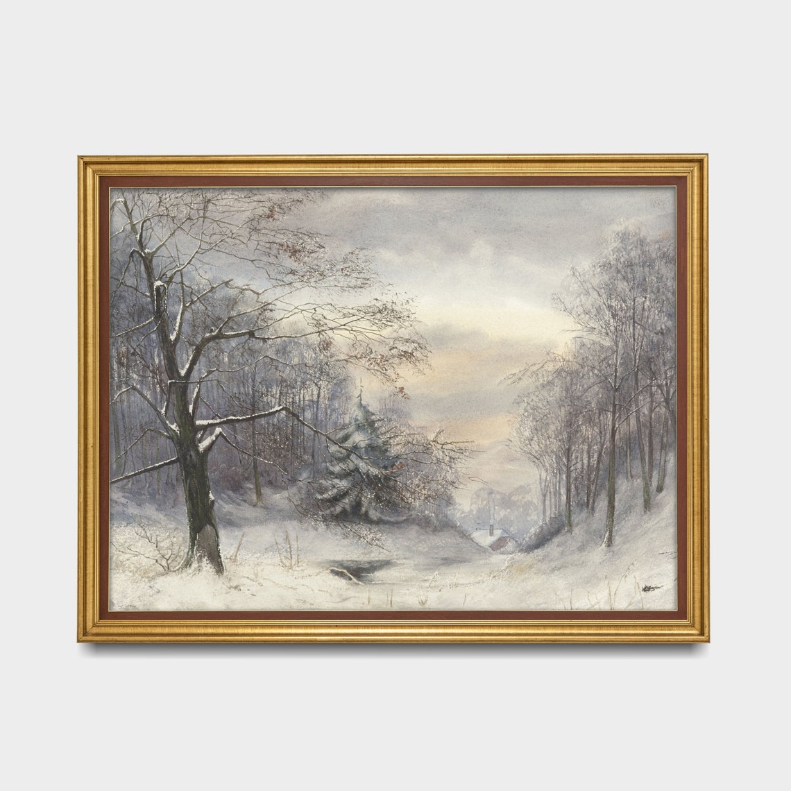 Snowy Birch Woodland Path With Distant Stone Cottages Poster - Image 3
