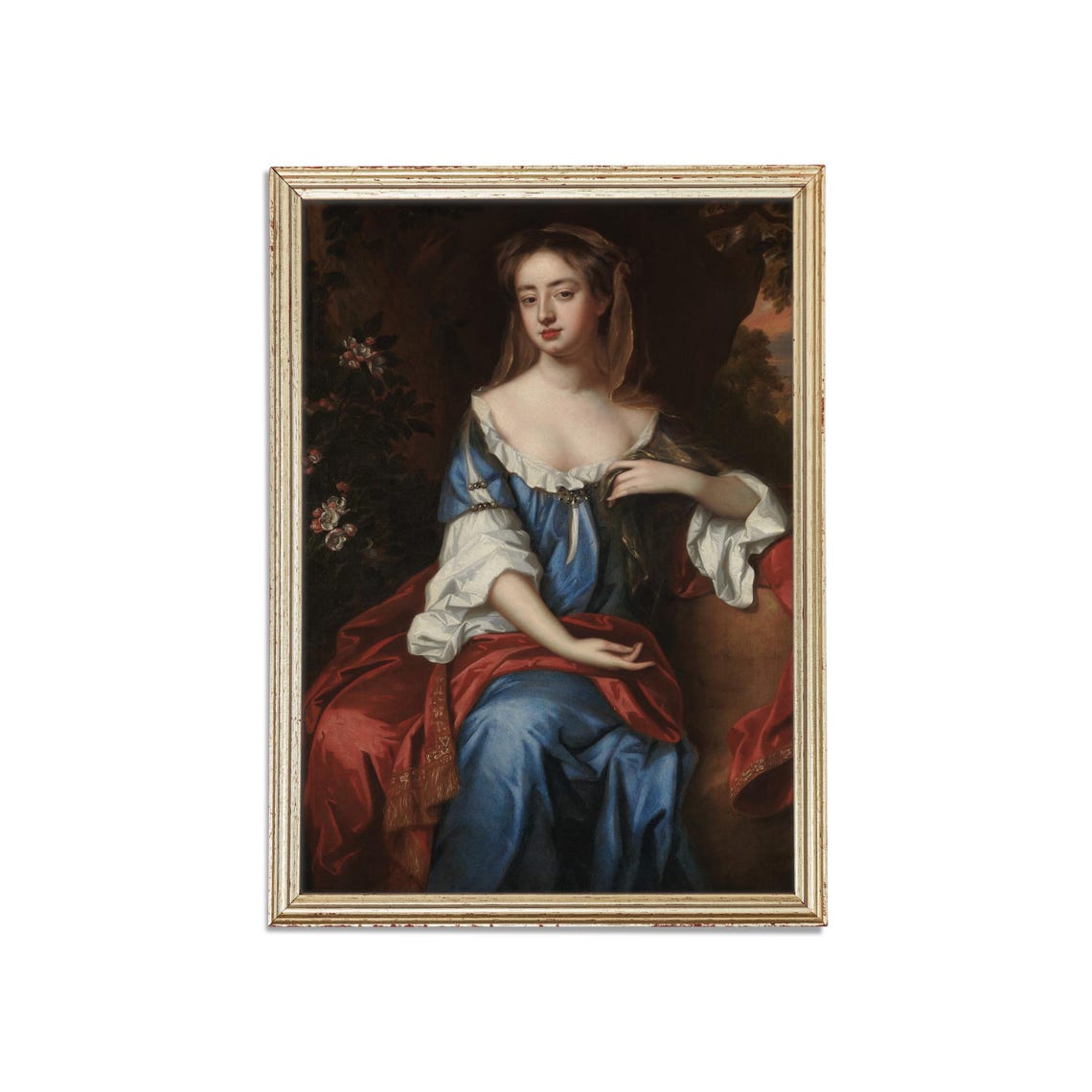 Baroque Lady in Blue Gown Red Drape Classic Portrait Art Poster - Image 3