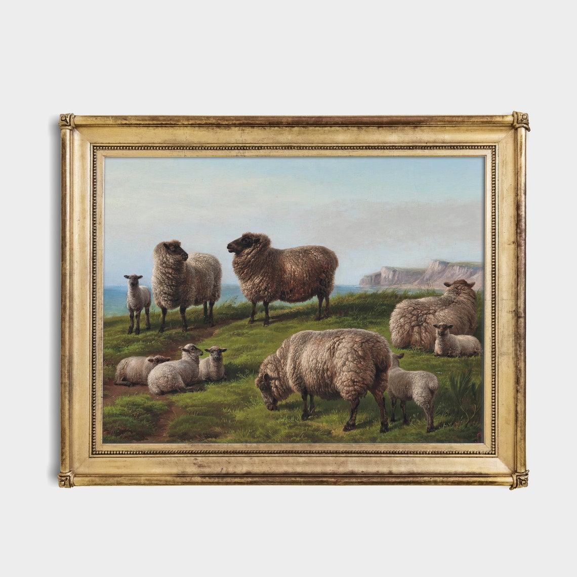 Sheep and Lambs on a Coastal Cliff Antique Pastoral Painting Poster - Image 2