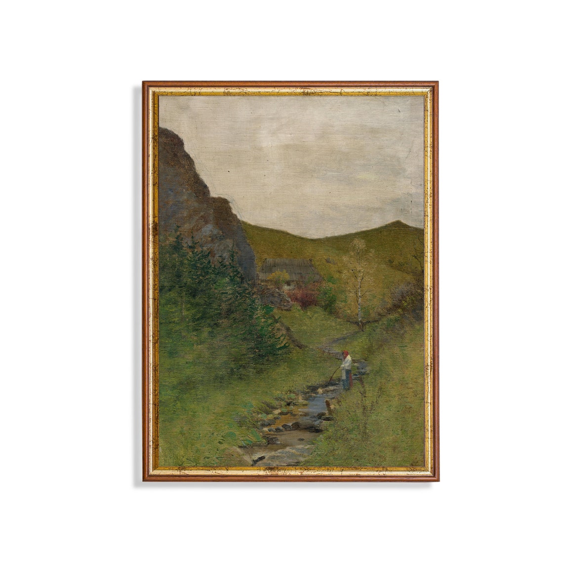 Green Mountain Valley with a Stream Antique Landscape Poster