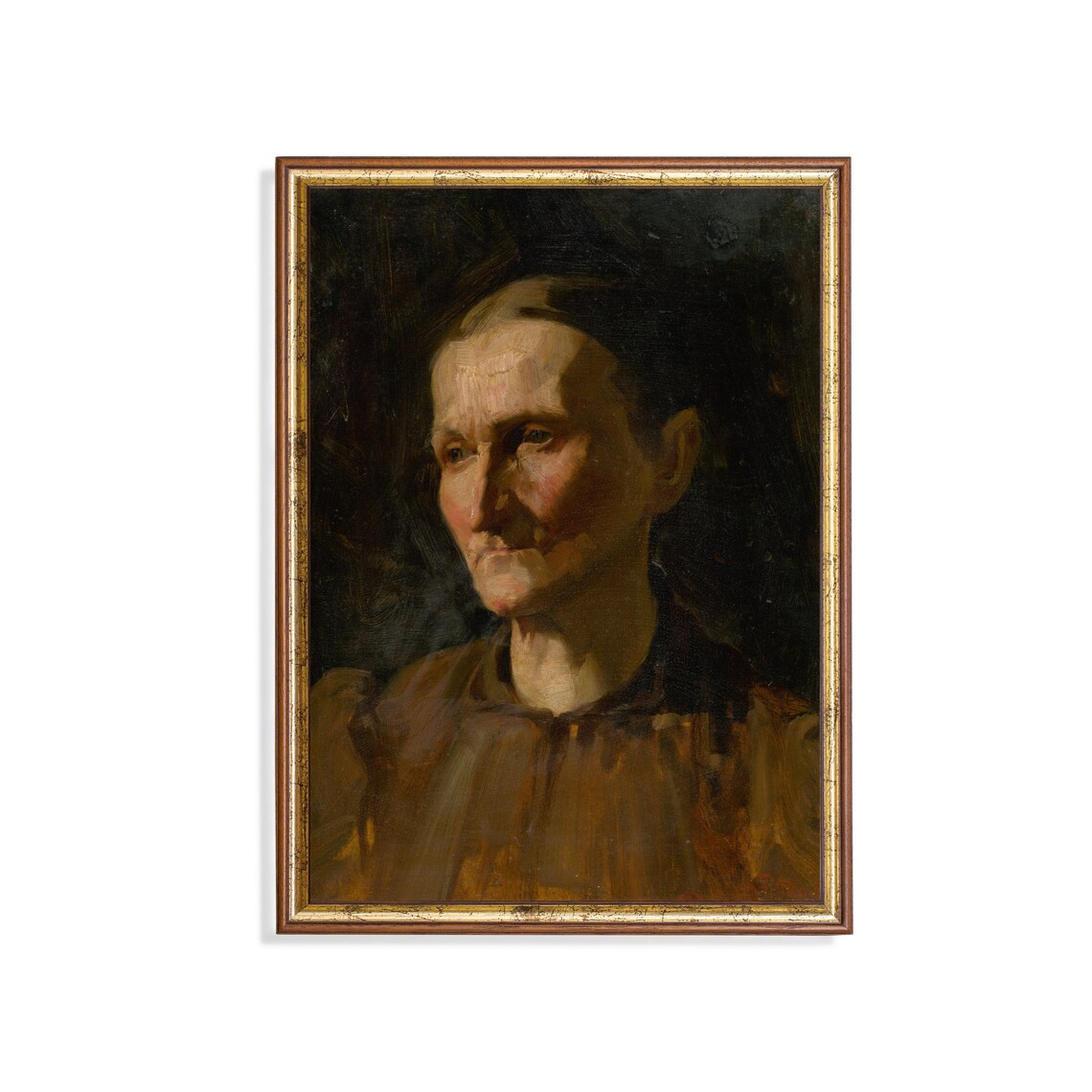 Elderly Woman in a Brown Dress Emerging from a Dark Ground Portrait Poster