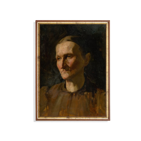 Elderly Woman in a Brown Dress Emerging from a Dark Ground Portrait Poster