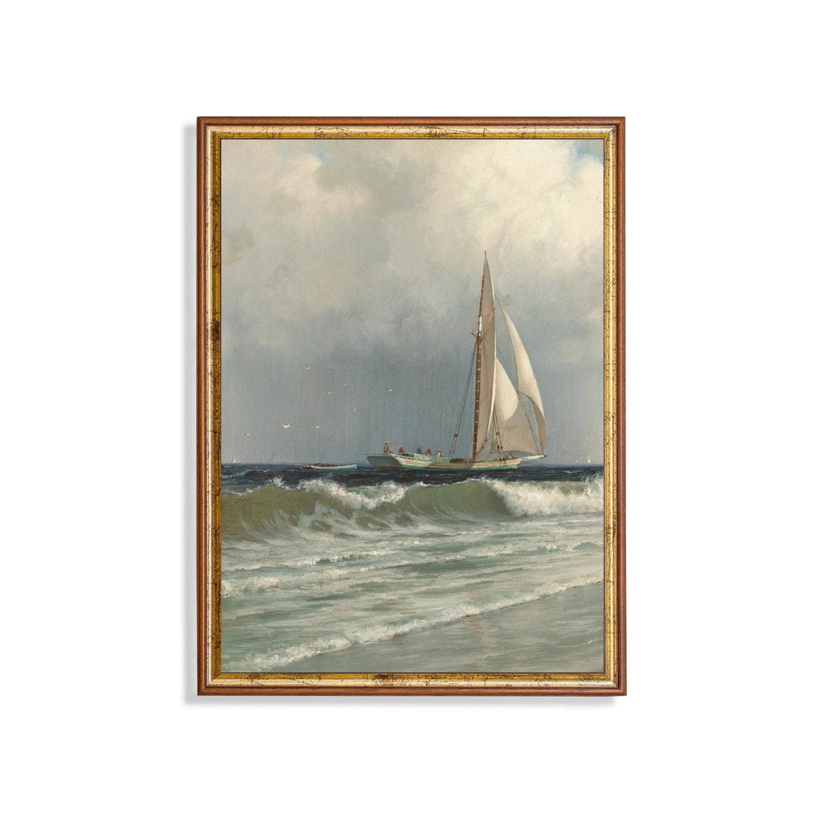 Tall Sloop Sailing Through Ocean Waves Vintage Seascape Oil Poster