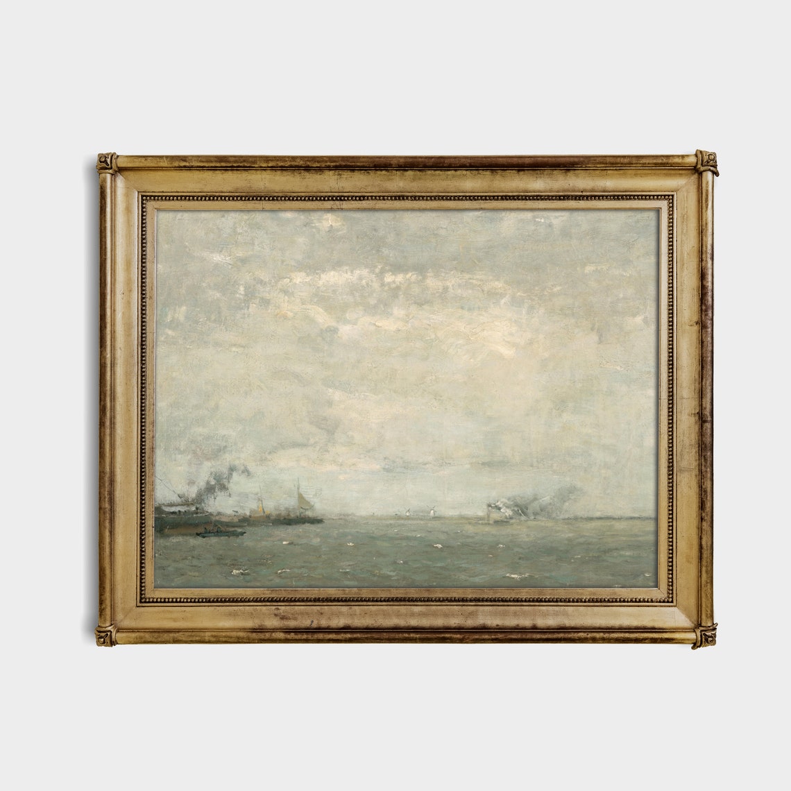 Gray Misty Harbor with Distant Steamships Muted Vintage Coastal Poster - Image 3