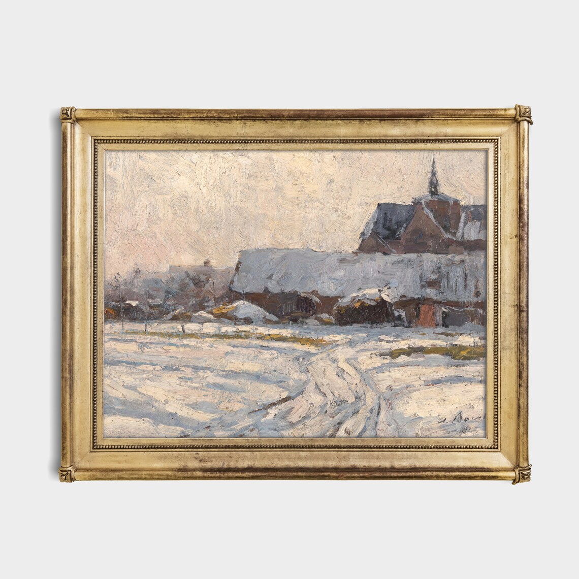 Snowy Country Road by Old Buildings Vintage Winter Scene Poster - Image 2