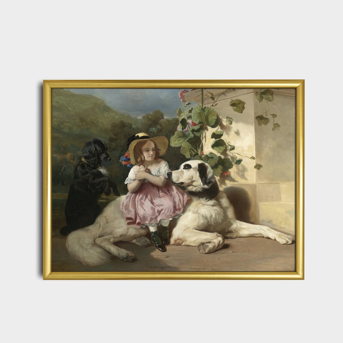 Little Girl With Two Big Dogs Victorian Genre Scene Painting Poster - Image 2