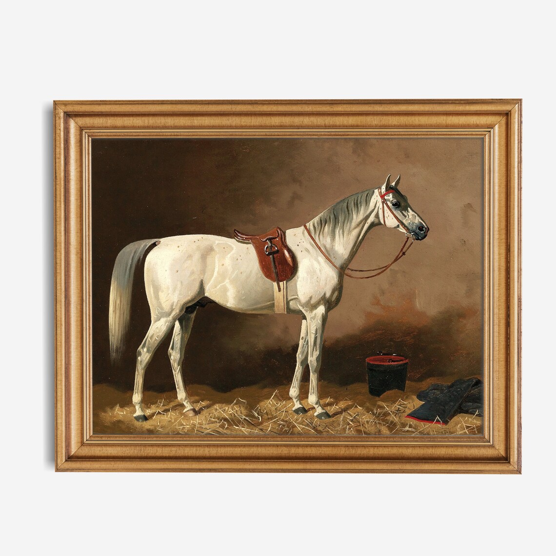Saddled White Horse in Stable Vintage Equestrian Oil Painting Poster - Image 3