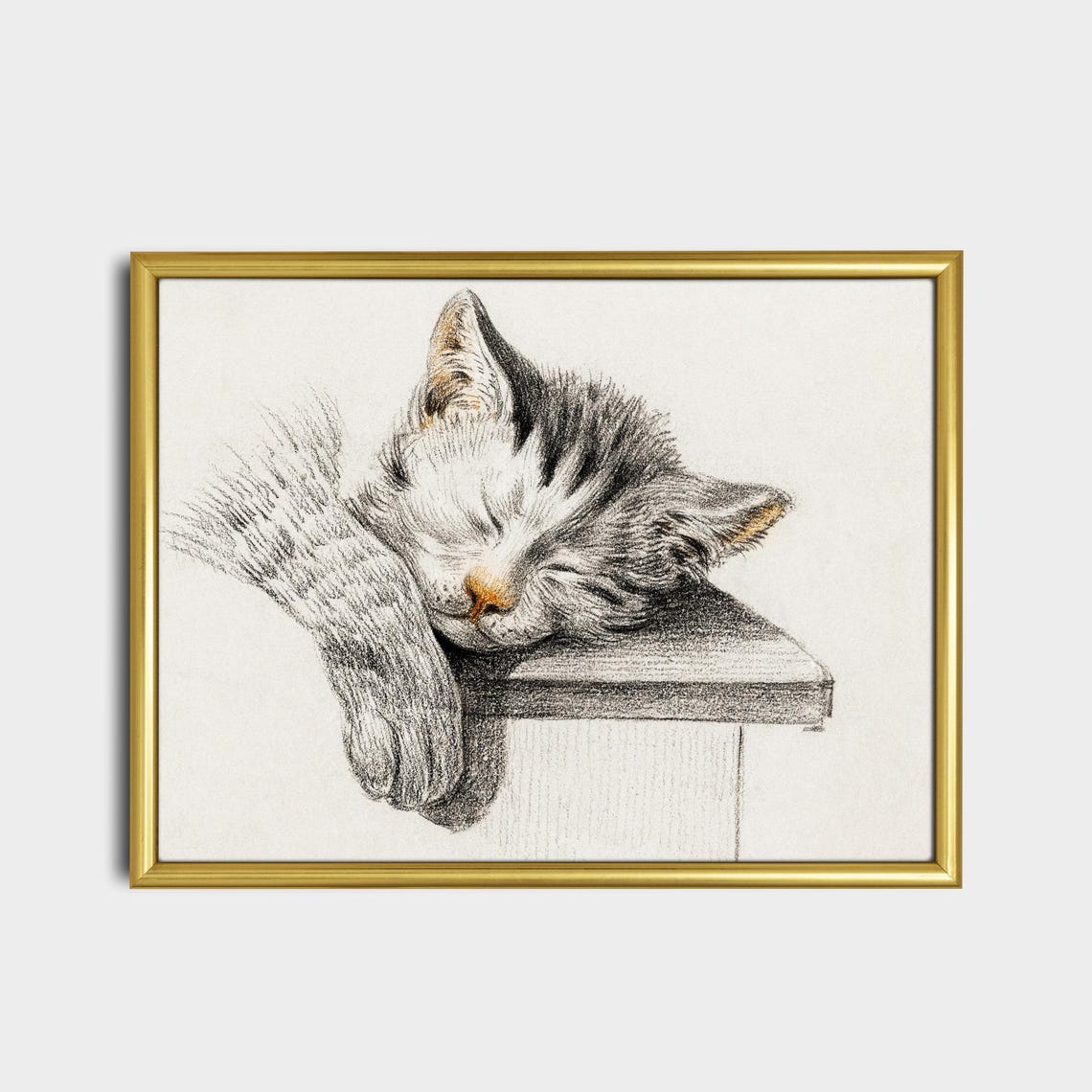 Sleeping Kitten Resting on a Wooden Box Charcoal Sketch Poster - Image 2