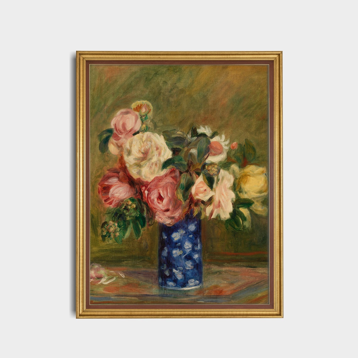 Pink Roses Blue Patterned Vase Impressionist Vintage Floral Art Poster - Image 4