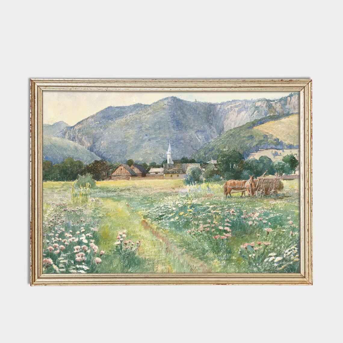 Alpine Village Church Spire Wildflower Meadow Horse Cart Poster - Image 3