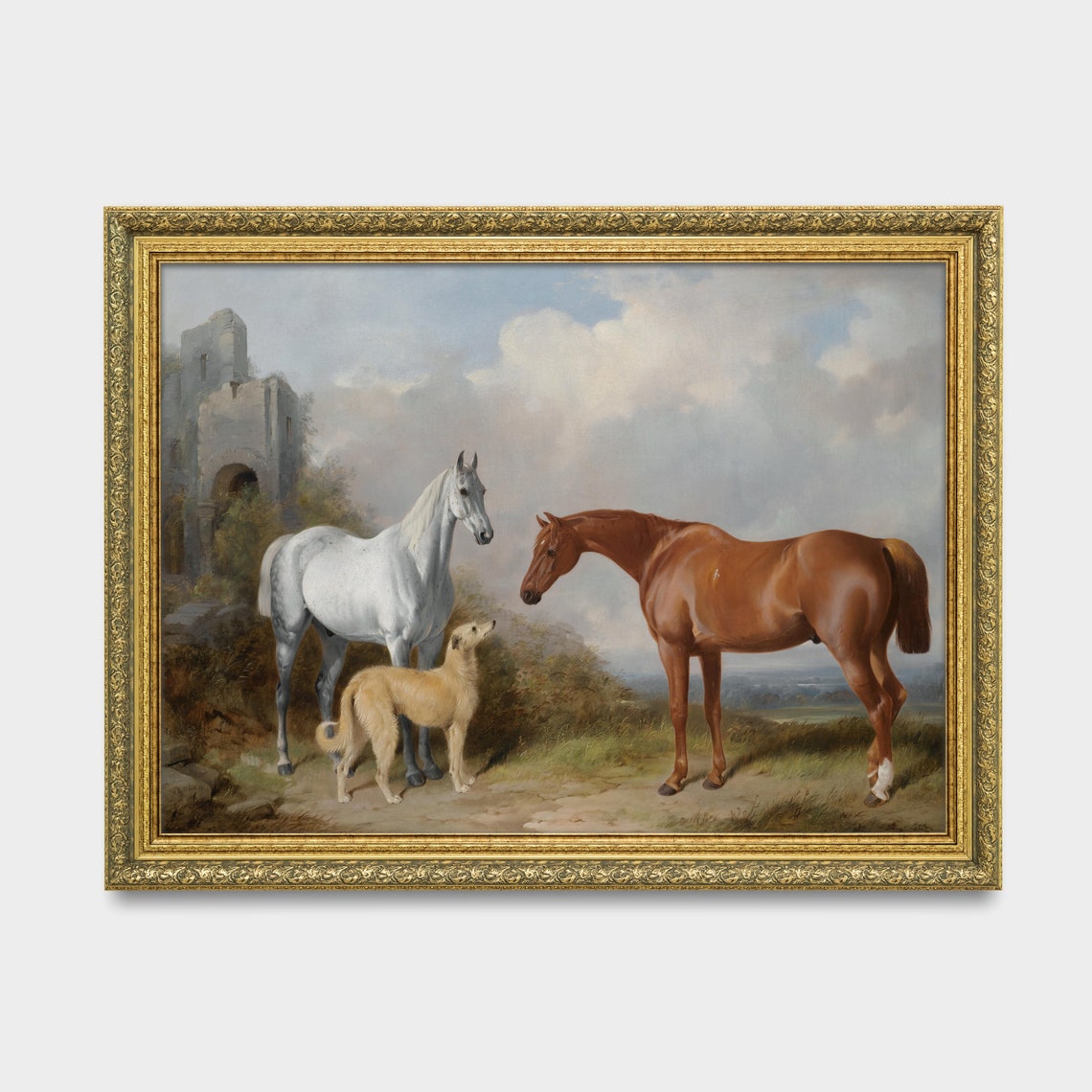 Two Horses and a Shaggy Dog Standing Before a Ruined Castle Poster - Image 3