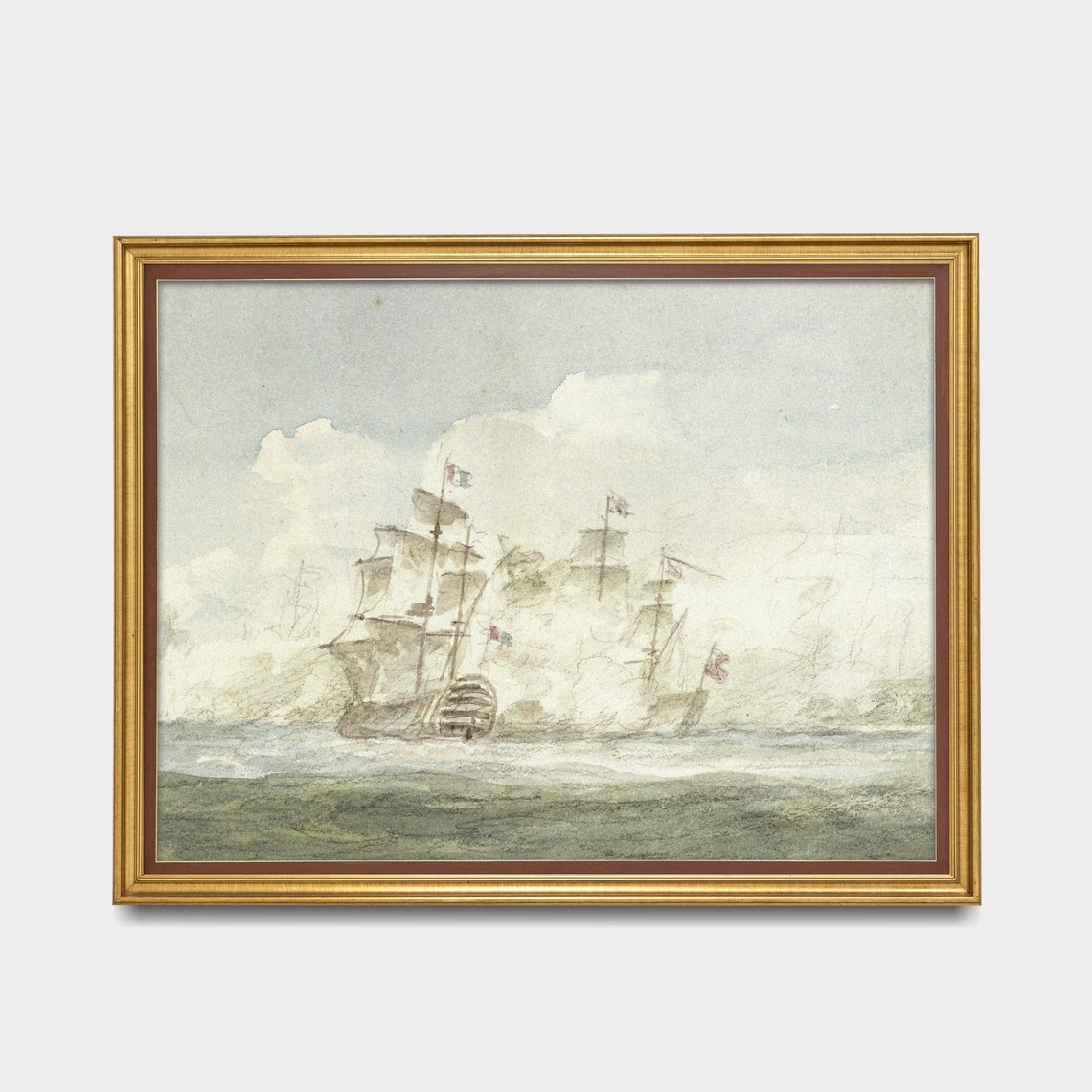 Vintage Seascape Painting Antique Sailing Ship Fine Print Muted Ocean Beach Wall Art Nautical Decor - Image 2