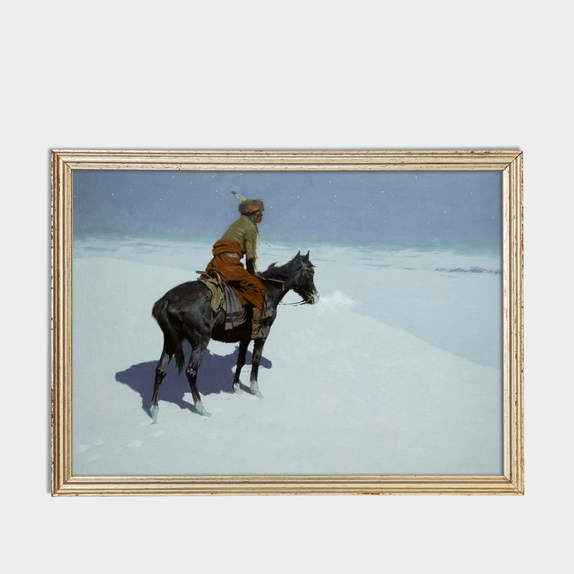 Moonlit Snow Prairie Scout on Horseback Vintage Western Art Poster - Image 3